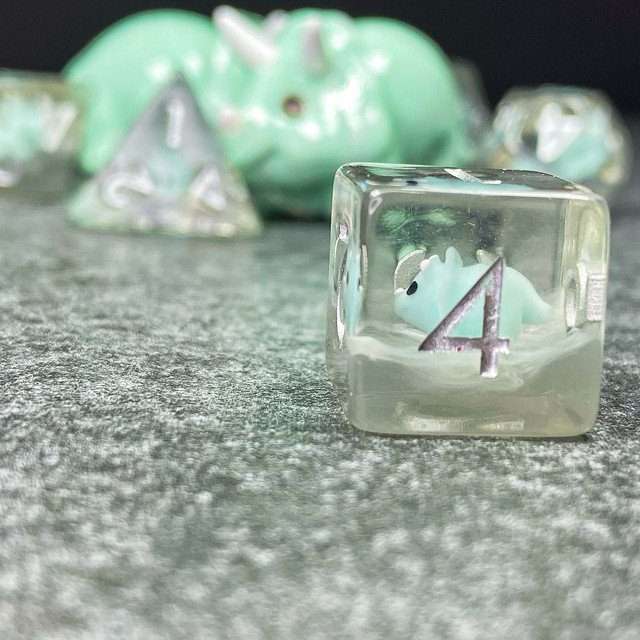 Sage's Familiars - Teal Baby Triceratops Resin Polyhedral Dice Set + Optional Matching Figurine - Sage's PortalResin Dice + Figurine Set