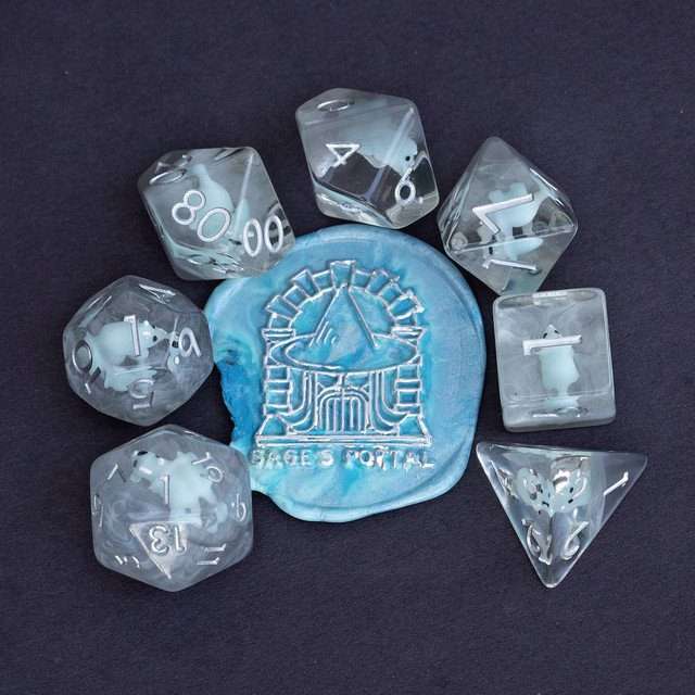 Sage's Familiars - Teal Baby Triceratops Resin Polyhedral Dice Set + Optional Matching Figurine - Sage's PortalResin Dice + Figurine Set