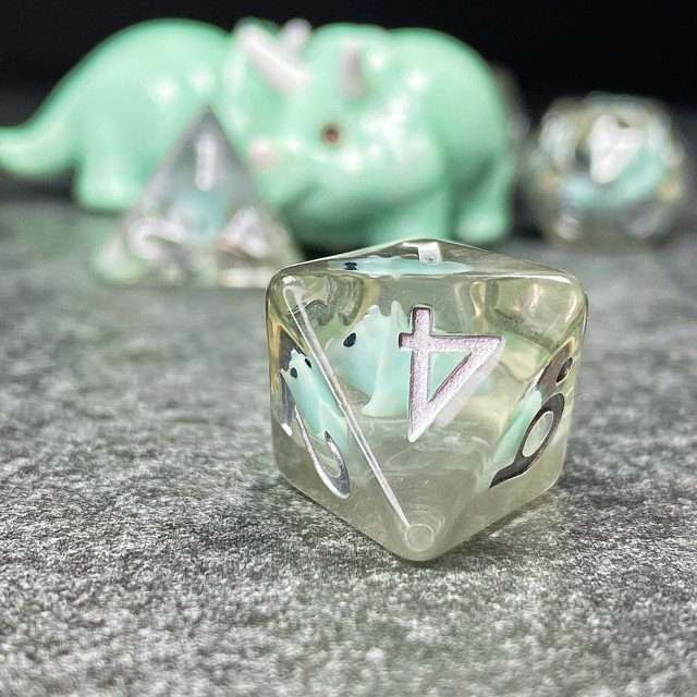 Sage's Familiars - Teal Baby Triceratops Resin Polyhedral Dice Set + Optional Matching Figurine - Sage's PortalResin Dice + Figurine Set