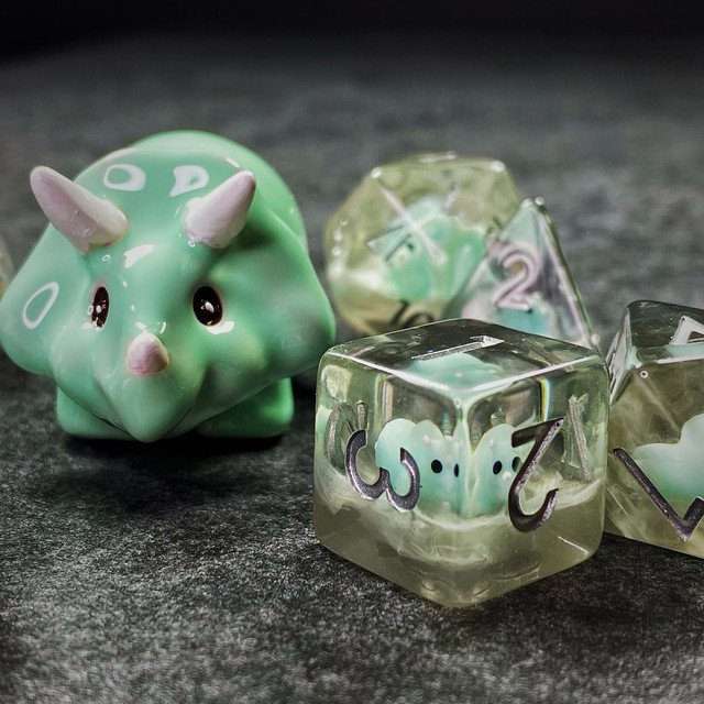Sage's Familiars - Teal Baby Triceratops Resin Polyhedral Dice Set + Optional Matching Figurine - Sage's PortalResin Dice + Figurine Set