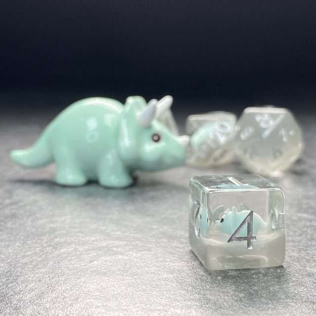 Sage's Familiars - Teal Baby Triceratops Resin Polyhedral Dice Set + Optional Matching Figurine - Sage's PortalResin Dice + Figurine Set