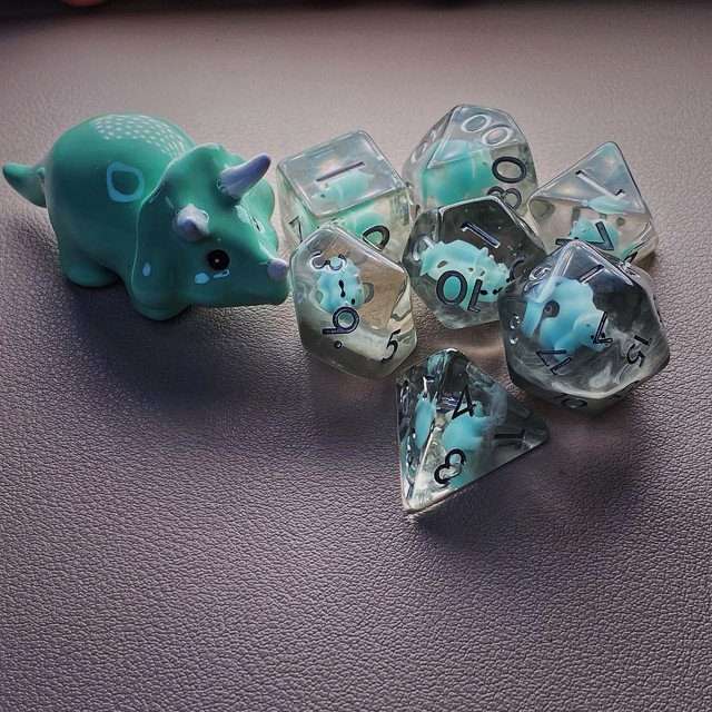 Sage's Familiars - Teal Baby Triceratops Resin Polyhedral Dice Set + Optional Matching Figurine - Sage's PortalResin Dice + Figurine Set