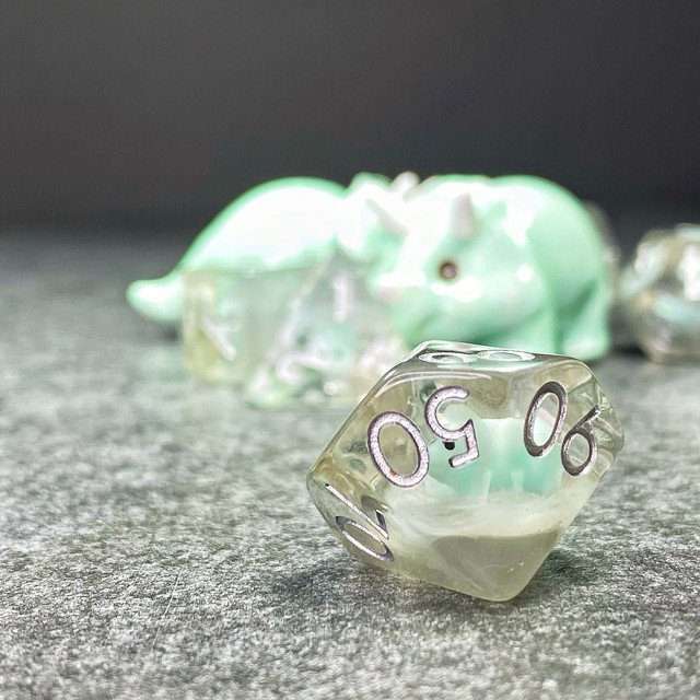 Sage's Familiars - Teal Baby Triceratops Resin Polyhedral Dice Set + Optional Matching Figurine - Sage's PortalResin Dice + Figurine Set