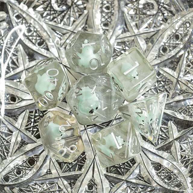 Sage's Familiars - Teal Baby Triceratops Resin Polyhedral Dice Set + Optional Matching Figurine - Sage's PortalResin Dice + Figurine Set