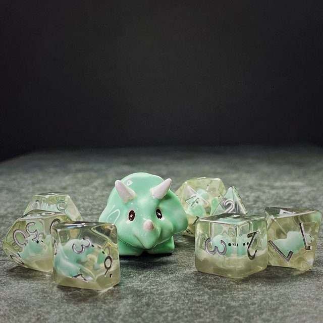 Sage's Familiars - Teal Baby Triceratops Resin Polyhedral Dice Set + Optional Matching Figurine - Sage's PortalResin Dice + Figurine Set