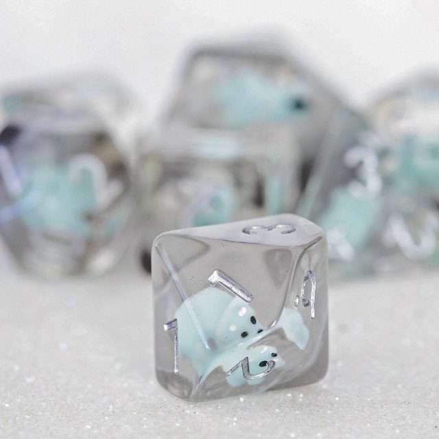 Sage's Familiars - Teal Baby Triceratops Resin Polyhedral Dice Set + Optional Matching Figurine - Sage's PortalResin Dice + Figurine Set