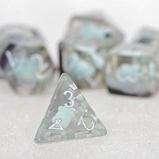 Sage's Familiars - Teal Baby Triceratops Resin Polyhedral Dice Set + Optional Matching Figurine - Sage's PortalResin Dice + Figurine Set