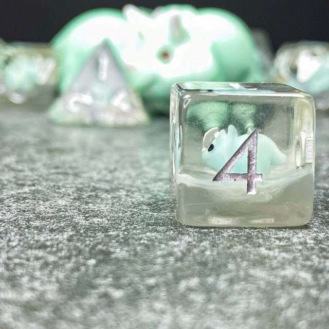 Sage's Familiars - Teal Baby Triceratops Resin Polyhedral Dice Set + Optional Matching Figurine - Sage's PortalResin Dice + Figurine Set