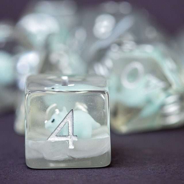 Sage's Familiars - Teal Baby Triceratops Resin Polyhedral Dice Set + Optional Matching Figurine - Sage's PortalResin Dice + Figurine Set