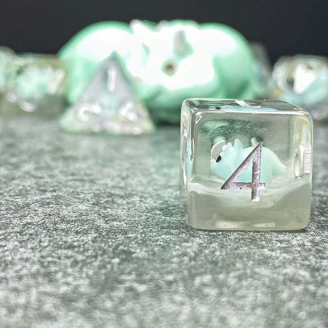 Sage's Familiars - Teal Baby Triceratops Resin Polyhedral Dice Set + Optional Matching Figurine - Sage's PortalResin Dice + Figurine Set