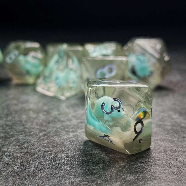 Sage's Familiars - Teal Baby Triceratops Resin Polyhedral Dice Set + Optional Matching Figurine - Sage's PortalResin Dice + Figurine Set