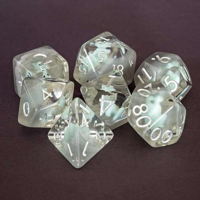Sage's Familiars - Teal Baby Triceratops Resin Polyhedral Dice Set + Optional Matching Figurine - Sage's PortalResin Dice + Figurine Set