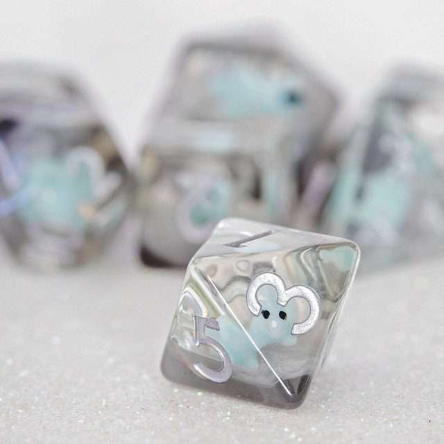 Sage's Familiars - Teal Baby Triceratops Resin Polyhedral Dice Set + Optional Matching Figurine - Sage's PortalResin Dice + Figurine Set
