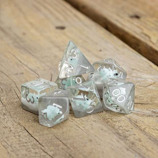 Sage's Familiars - Teal Baby Triceratops Resin Polyhedral Dice Set + Optional Matching Figurine - Sage's PortalResin Dice + Figurine Set