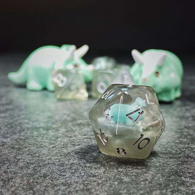 Sage's Familiars - Teal Baby Triceratops Resin Polyhedral Dice Set + Optional Matching Figurine - Sage's PortalResin Dice + Figurine Set