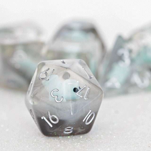 Sage's Familiars - Teal Baby Triceratops Resin Polyhedral Dice Set + Optional Matching Figurine - Sage's PortalResin Dice + Figurine Set
