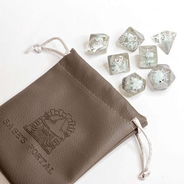 Sage's Familiars - Teal Baby Triceratops Resin Polyhedral Dice Set + Optional Matching Figurine - Sage's PortalResin Dice + Figurine Set