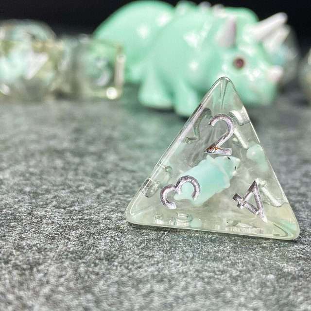 Sage's Familiars - Teal Baby Triceratops Resin Polyhedral Dice Set + Optional Matching Figurine - Sage's PortalResin Dice + Figurine Set