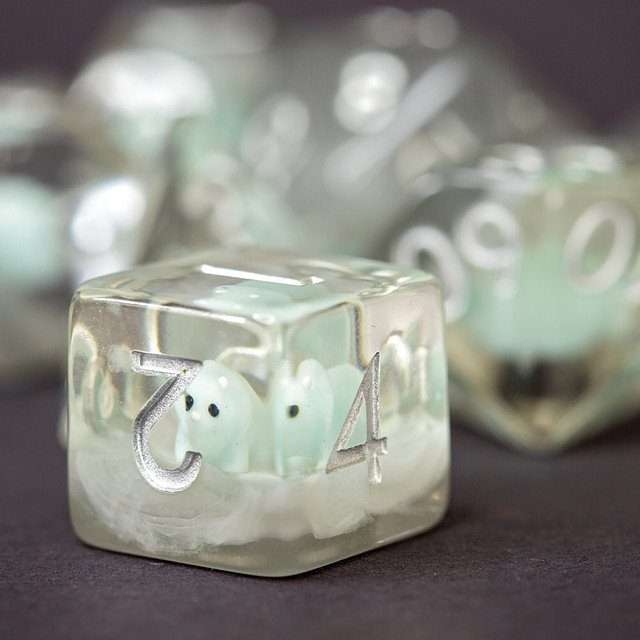 Sage's Familiars - Teal Baby Triceratops Resin Polyhedral Dice Set + Optional Matching Figurine - Sage's PortalResin Dice + Figurine Set