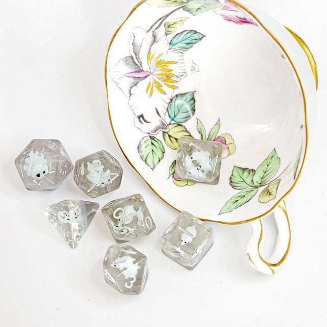 Sage's Familiars - Teal Baby Triceratops Resin Polyhedral Dice Set + Optional Matching Figurine - Sage's PortalResin Dice + Figurine Set