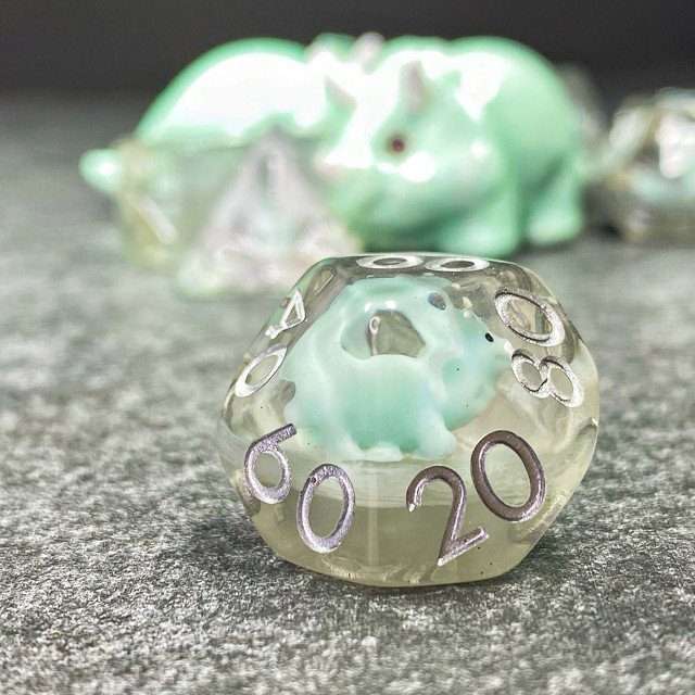 Sage's Familiars - Teal Baby Triceratops Resin Polyhedral Dice Set + Optional Matching Figurine - Sage's PortalResin Dice + Figurine Set