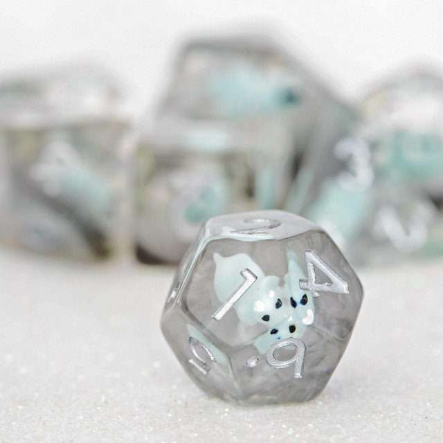 Sage's Familiars - Teal Baby Triceratops Resin Polyhedral Dice Set + Optional Matching Figurine - Sage's PortalResin Dice + Figurine Set
