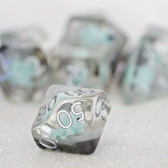 Sage's Familiars - Teal Baby Triceratops Resin Polyhedral Dice Set + Optional Matching Figurine - Sage's PortalResin Dice + Figurine Set