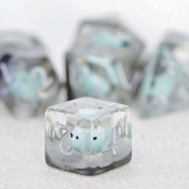 Sage's Familiars - Teal Baby Triceratops Resin Polyhedral Dice Set + Optional Matching Figurine - Sage's PortalResin Dice + Figurine Set