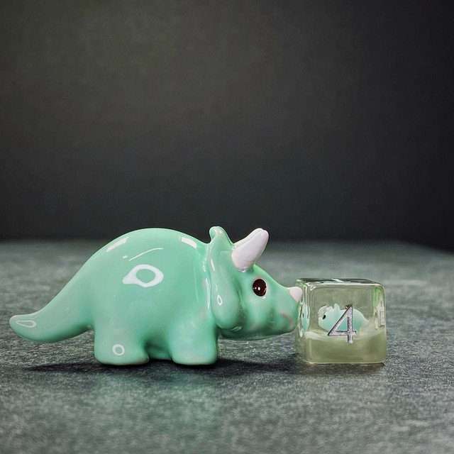 Sage's Familiars - Teal Baby Triceratops Resin Polyhedral Dice Set + Optional Matching Figurine - Sage's PortalResin Dice + Figurine Set