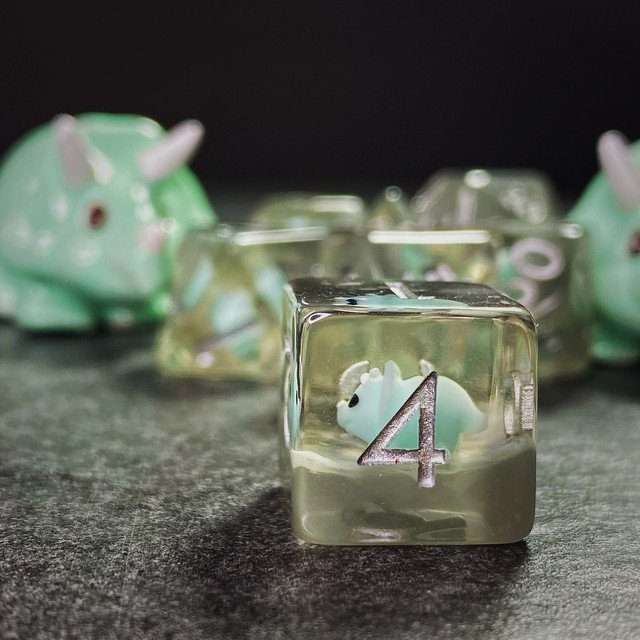Sage's Familiars - Teal Baby Triceratops Resin Polyhedral Dice Set + Optional Matching Figurine - Sage's PortalResin Dice + Figurine Set