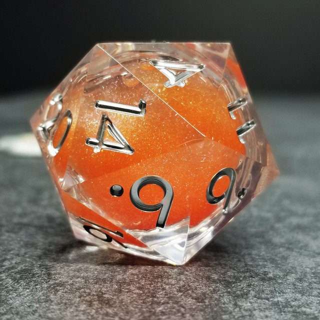Sage's Fiery Souls - Orange 33mm Liquid-Core D20 Sharp Edge Resin Dice - Sage's PortalLiquid Core Dice Set