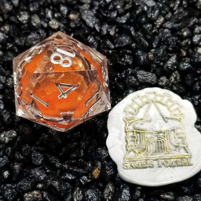 Sage's Fiery Souls - Orange 33mm Liquid-Core D20 Sharp Edge Resin Dice - Sage's PortalLiquid Core Dice Set