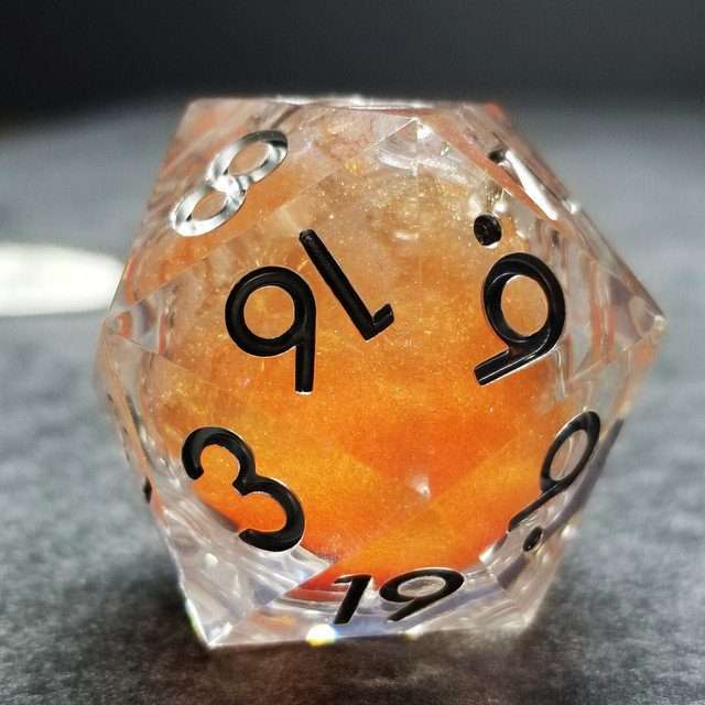 Sage's Fiery Souls - Orange 33mm Liquid-Core D20 Sharp Edge Resin Dice - Sage's PortalLiquid Core Dice Set