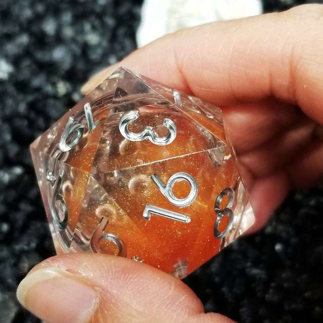 Sage's Fiery Souls - Orange 33mm Liquid-Core D20 Sharp Edge Resin Dice - Sage's PortalLiquid Core Dice Set