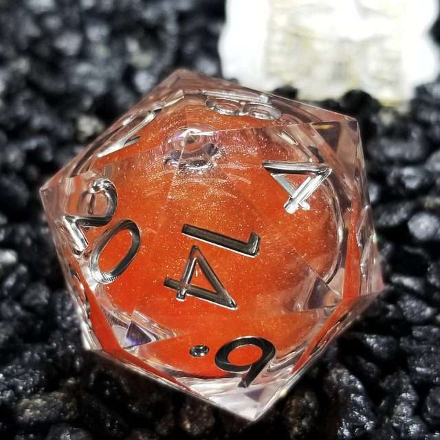 Sage's Fiery Souls - Orange 33mm Liquid-Core D20 Sharp Edge Resin Dice - Sage's PortalLiquid Core Dice Set