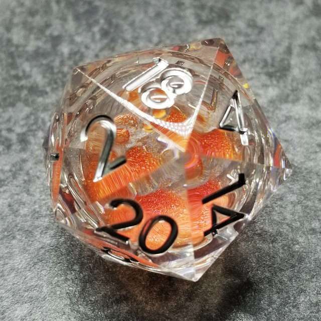 Sage's Fiery Souls - Orange 33mm Liquid-Core D20 Sharp Edge Resin Dice - Sage's PortalLiquid Core Dice Set
