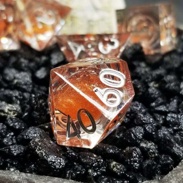 Sage's Fiery Souls - Ornery Orange Liquid Core Sharp Edge Resin Dice Set - Sage's PortalLiquid Core Dice Set