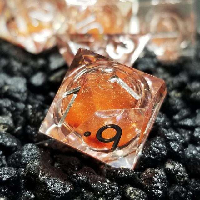 Sage's Fiery Souls - Ornery Orange Liquid Core Sharp Edge Resin Dice Set - Sage's PortalLiquid Core Dice Set