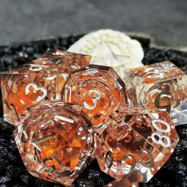 Sage's Fiery Souls - Ornery Orange Liquid Core Sharp Edge Resin Dice Set - Sage's PortalLiquid Core Dice Set