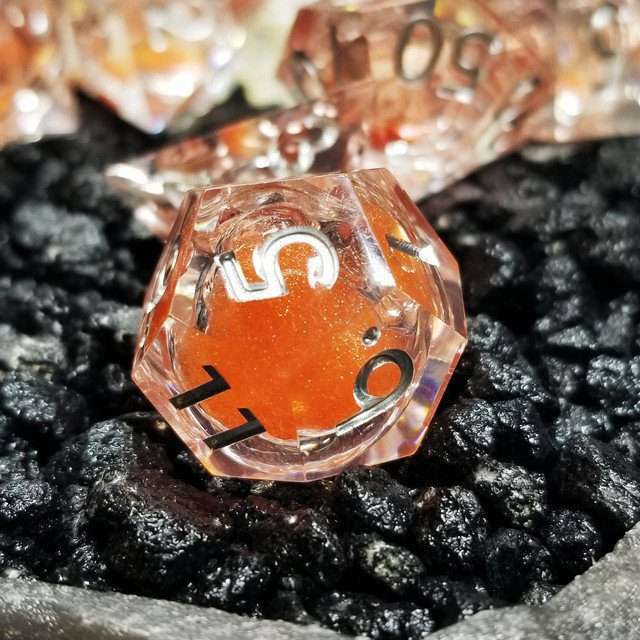 Sage's Fiery Souls - Ornery Orange Liquid Core Sharp Edge Resin Dice Set - Sage's PortalLiquid Core Dice Set