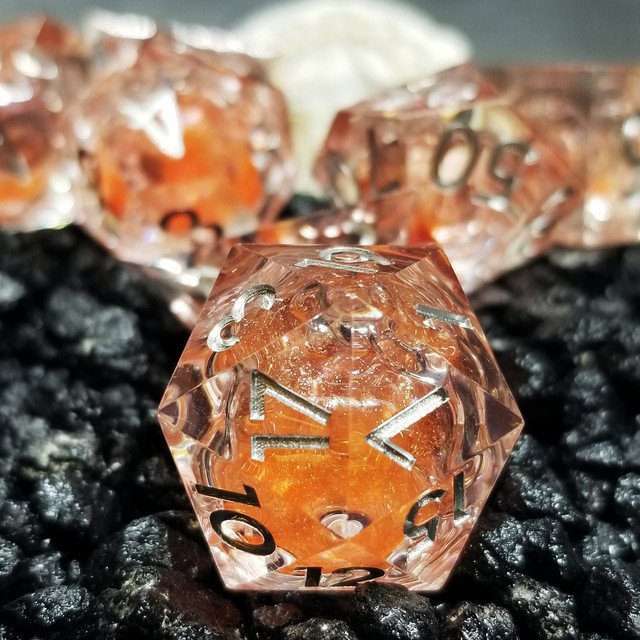 Sage's Fiery Souls - Ornery Orange Liquid Core Sharp Edge Resin Dice Set - Sage's PortalLiquid Core Dice Set