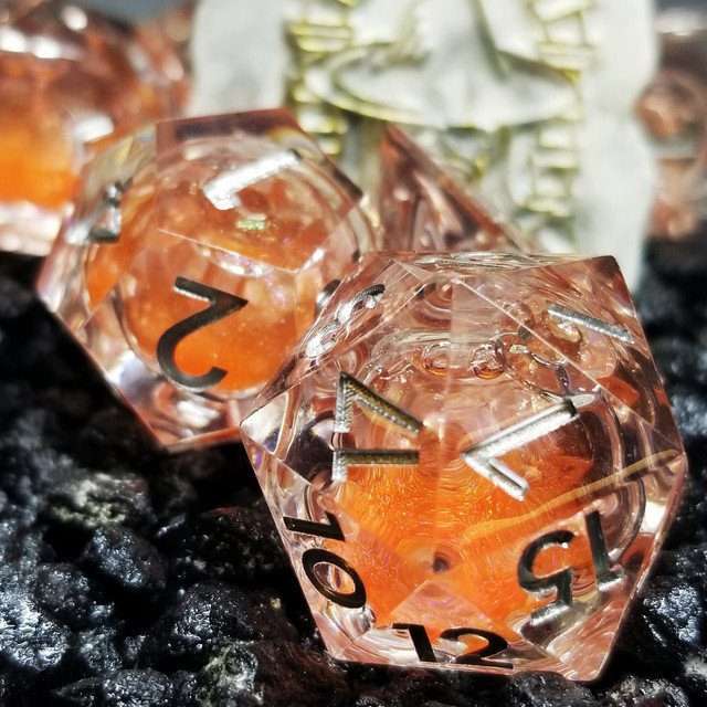 Sage's Fiery Souls - Ornery Orange Liquid Core Sharp Edge Resin Dice Set - Sage's PortalLiquid Core Dice Set