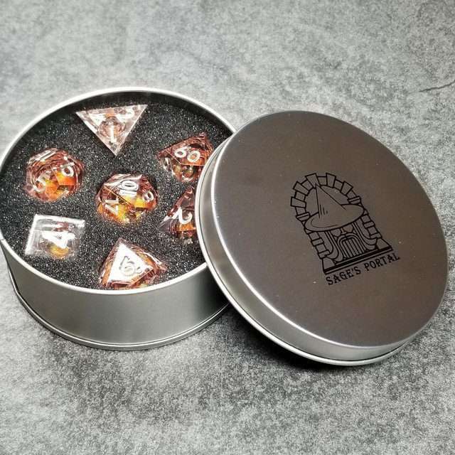 Sage's Fiery Souls - Ornery Orange Liquid Core Sharp Edge Resin Dice Set - Sage's PortalLiquid Core Dice Set