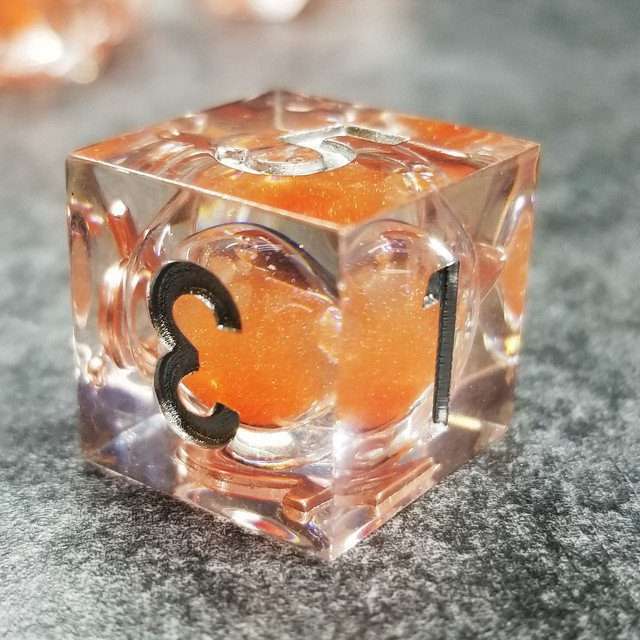 Sage's Fiery Souls - Ornery Orange Liquid Core Sharp Edge Resin Dice Set - Sage's PortalLiquid Core Dice Set