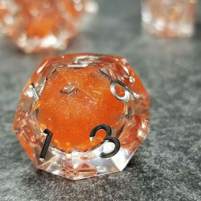 Sage's Fiery Souls - Ornery Orange Liquid Core Sharp Edge Resin Dice Set - Sage's PortalLiquid Core Dice Set