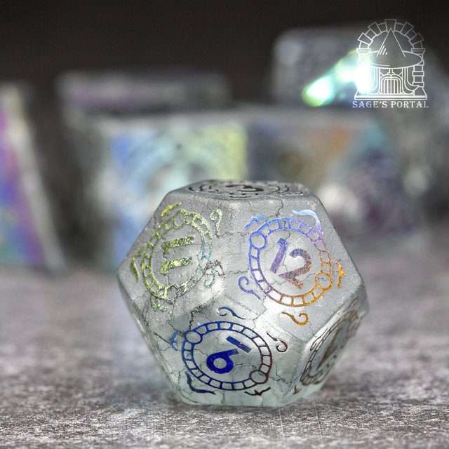 Sage's Glyphed Grey Cracked Glass Frosted Finish Polyhedral Dice Set - Sage's PortalGemstone Dice Set