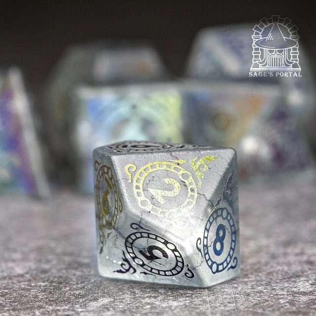 Sage's Glyphed Grey Cracked Glass Frosted Finish Polyhedral Dice Set - Sage's PortalGemstone Dice Set