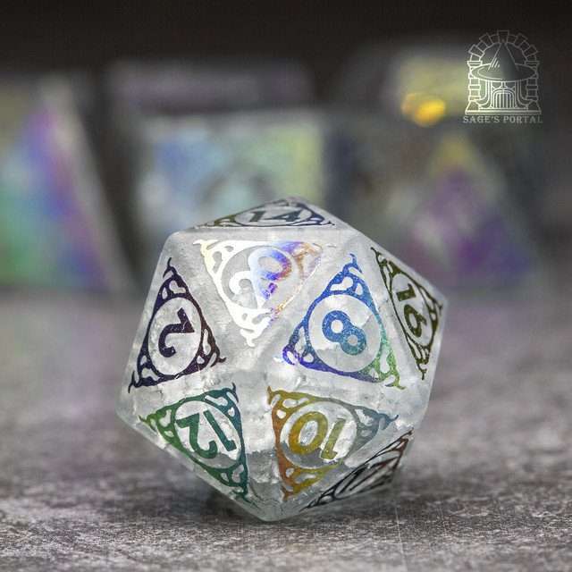 Sage's Glyphed Grey Cracked Glass Frosted Finish Polyhedral Dice Set - Sage's PortalGemstone Dice Set