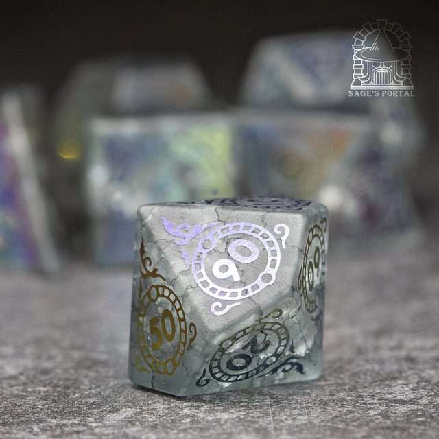 Sage's Glyphed Grey Cracked Glass Frosted Finish Polyhedral Dice Set - Sage's PortalGemstone Dice Set