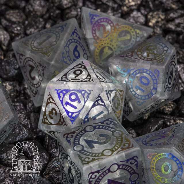Sage's Glyphed Grey Cracked Glass Frosted Finish Polyhedral Dice Set - Sage's PortalGemstone Dice Set